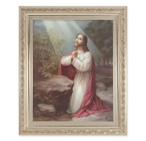 Christ on The Mount of Olives, 10"x12" Antique Silver & Carved Scrollwork Frame, Italian Print Under Glass # 26753