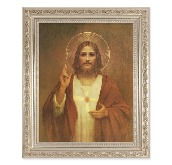 Chambers: Sacred Heart of Jesus, 10"x12" Antique Silver & Carved Scrollwork Frame, Italian Print Under Glass # 26754