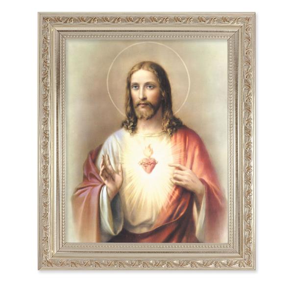 Sacred Heart of Jesus, 10"x12" Antique Silver & Carved Scrollwork Frame, Italian Print Under Glass # 26756