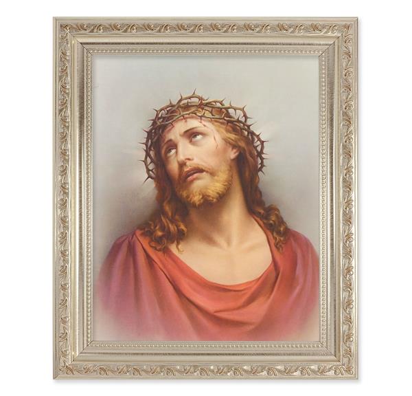 Christ in Agony, 10"x12" Antique Silver & Carved Scrollwork Frame, Italian Print Under Glass # 26757