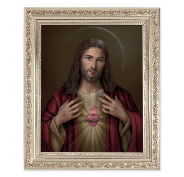 Sacred Heart of Jesus, 10"x12" Antique Silver & Carved Scrollwork Frame, Italian Print Under Glass # 26758