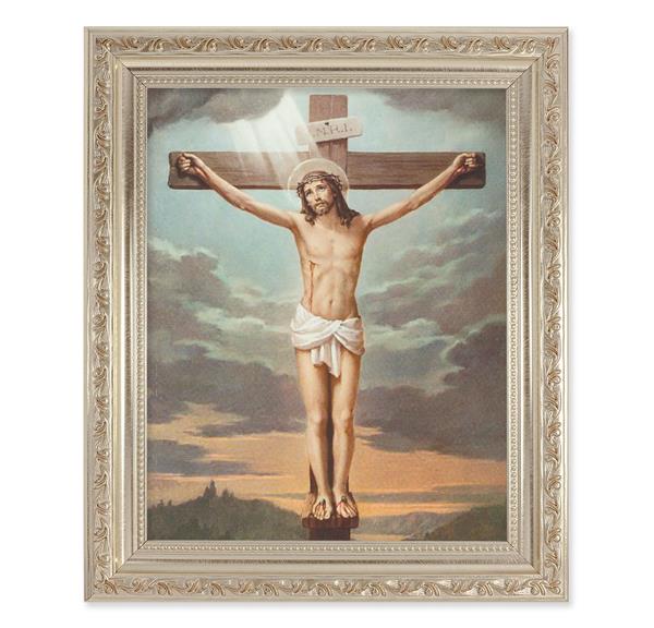 Crucifixion, 10"x12" Antique Silver & Carved Scrollwork Frame, Italian Print Under Glass # 26761