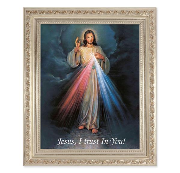 Divine Mercy, 10"x12" Antique Silver & Carved Scrollwork Frame, Italian Print Under Glass # 26762