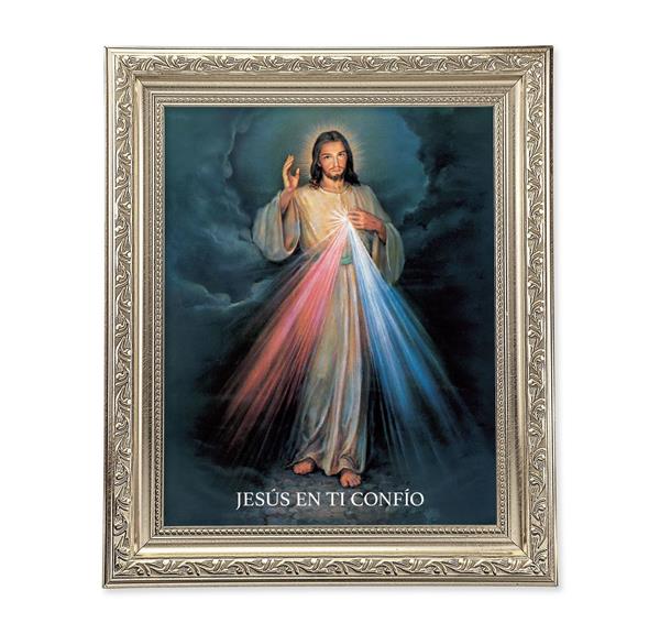 Spansh Divine Mercy, 10"x12" Antique Silver & Carved Scrollwork Frame, Italian Print Under Glass # 26763
