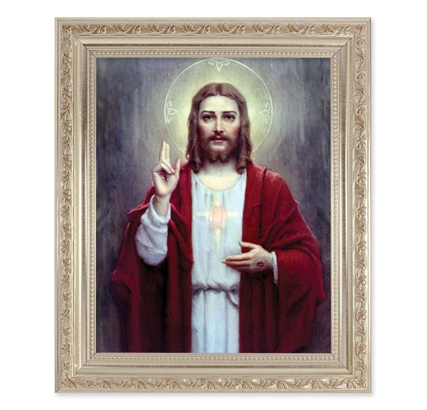 Chambers: Sacred Heart of Jesus, 10"x12" Antique Silver & Carved Scrollwork Frame, Italian Print Under Glass # 26764