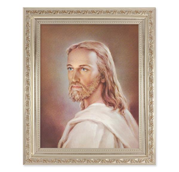 Head of Christ, 10"x12" Antique Silver & Carved Scrollwork Frame, Italian Print Under Glass # 26766