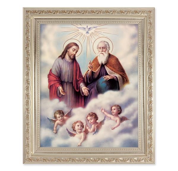 The Holy Trinity, 10"x12" Antique Silver & Carved Scrollwork Frame, Italian Print Under Glass # 26767
