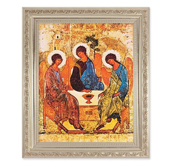 The Holy Trinity Icon, 10"x12" Antique Silver & Carved Scrollwork Frame, Italian Print Under Glass # 26768