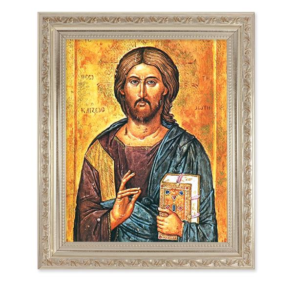 Christ The Teacher Icon, 10"x12" Antique Silver & Carved Scrollwork Frame, Italian Print Under Glass # 26770