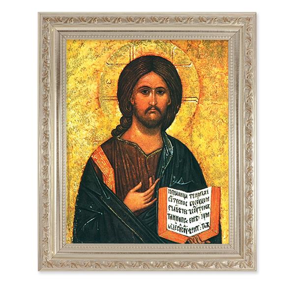 Christ All Knowing Icon, 10"x12" Antique Silver & Carved Scrollwork Frame, Italian Print Under Glass # 26771
