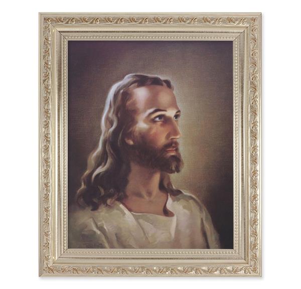 Sallman: Head of Christ, 10"x12" Antique Silver & Carved Scrollwork Frame, Italian Print Under Glass # 26772