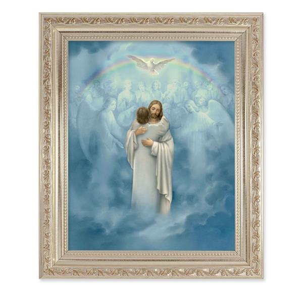 Christ Welcoming Home, 10"x12" Antique Silver & Carved Scrollwork Frame, Italian Print Under Glass # 26773