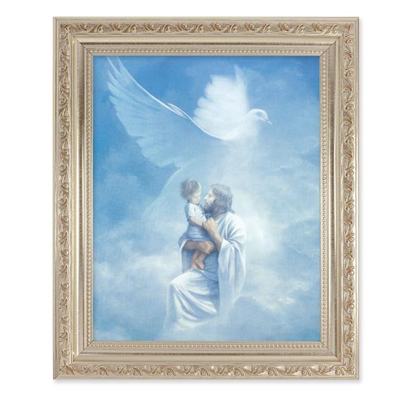 Christ Welcoming Child, 10"x12" Antique Silver & Carved Scrollwork Frame, Italian Print Under Glass # 26775
