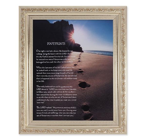Footprints, 10"x12" Antique Silver & Carved Scrollwork Frame, Italian Print Under Glass # 26776