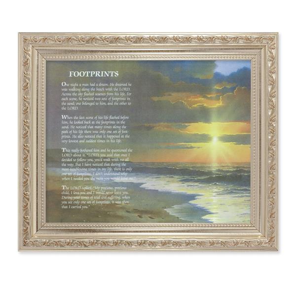 Footprints, 10"x12" Antique Silver & Carved Scrollwork Frame, Italian Print Under Glass # 26777