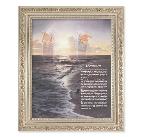 Footprints, 10"x12" Antique Silver & Carved Scrollwork Frame, Italian Print Under Glass # 26778
