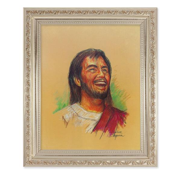Segura: Laughing Jesus, 10"x12" Antique Silver & Carved Scrollwork Frame, Italian Print Under Glass # 26780