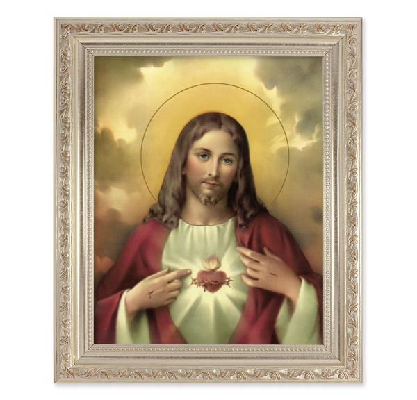 Sacred Heart of Jesus, 10"x12" Antique Silver & Carved Scrollwork Frame, Italian Print Under Glass # 26781