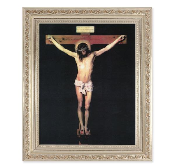 The Crucifixion, 10"x12" Antique Silver & Carved Scrollwork Frame, Italian Print Under Glass # 26782