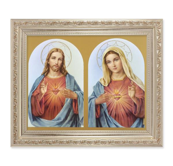 The Sacred Hearts, 10"x12" Antique Silver & Carved Scrollwork Frame, Italian Print Under Glass # 26784