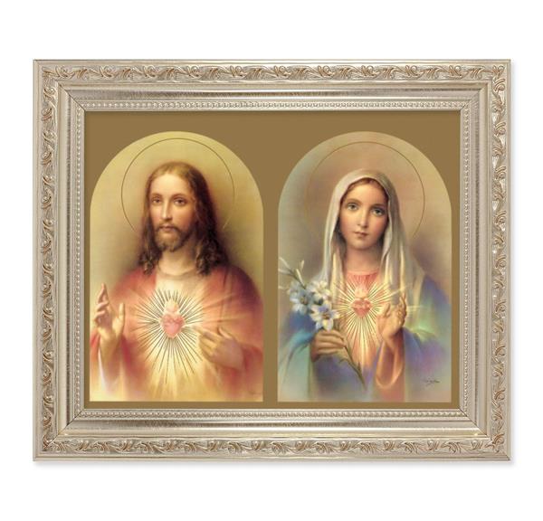 The Sacred Hearts, 10"x12" Antique Silver & Carved Scrollwork Frame, Italian Print Under Glass # 26785