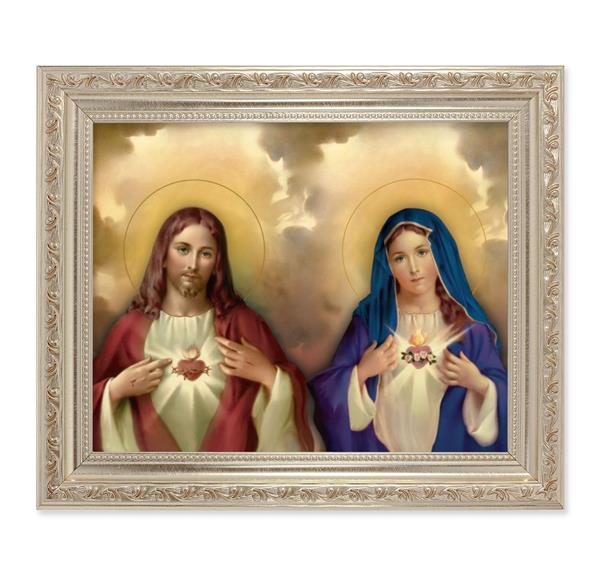 The Sacred Hearts, 10"x12" Antique Silver & Carved Scrollwork Frame, Italian Print Under Glass # 26786