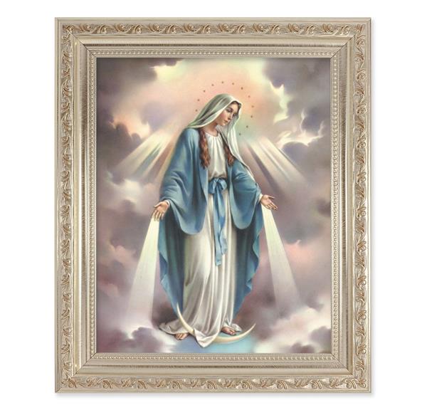 Our Lady of Grace, 10"x12" Antique Silver & Carved Scrollwork Frame, Italian Print Under Glass # 26787
