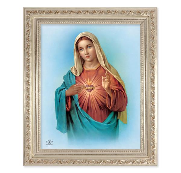 Immaculate Heart of Mary, 10"x12" Antique Silver & Carved Scrollwork Frame, Italian Print Under Glass # 26788