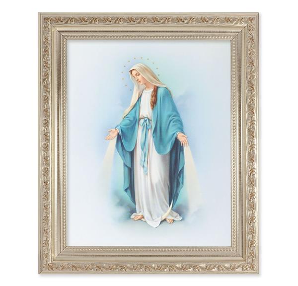 Our Lady of Grace, 10"x12" Antique Silver & Carved Scrollwork Frame, Italian Print Under Glass # 26789