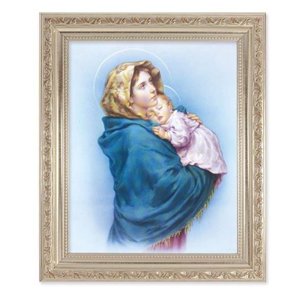 Madonna of The Street, 10"x12" Antique Silver & Carved Scrollwork Frame, Italian Print Under Glass # 26790