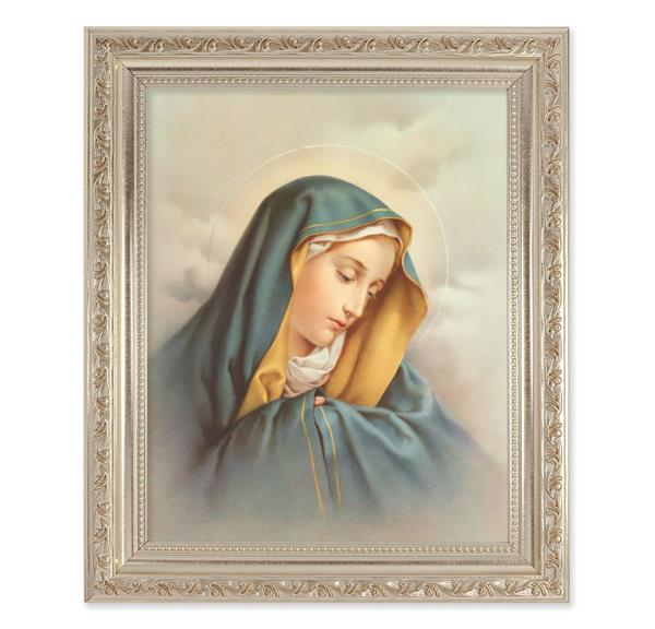 Our Lady of Sorrows, 10"x12" Antique Silver & Carved Scrollwork Frame, Italian Print Under Glass # 26791