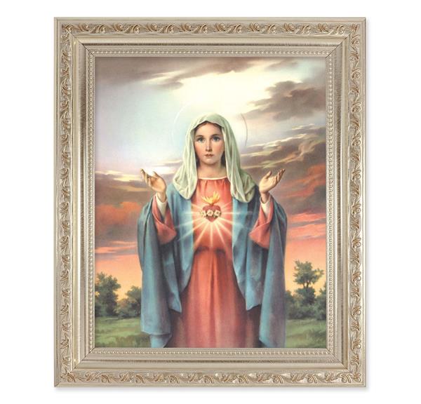 Immaculate Heart of Mary, 10"x12" Antique Silver & Carved Scrollwork Frame, Italian Print Under Glass # 26792