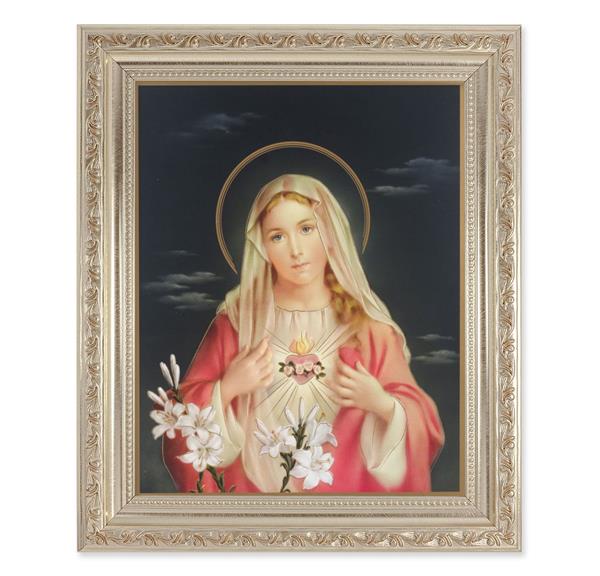 Immaculate Heart of Mary, 10"x12" Antique Silver & Carved Scrollwork Frame, Italian Print Under Glass # 26793