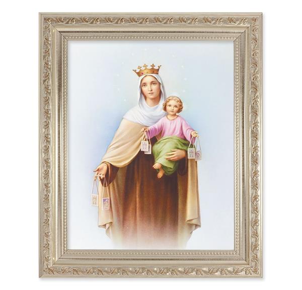 Our Lady of Mount Carmel, 10"x12" Antique Silver & Carved Scrollwork Frame, Italian Print Under Glass # 26794