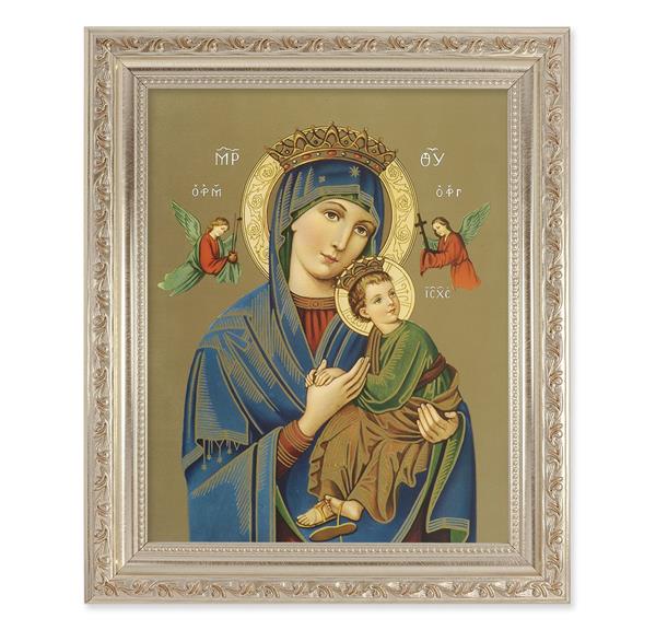 Our Lady of Perpetual Help, 10"x12" Antique Silver & Carved Scrollwork Frame, Italian Print Under Glass # 26795