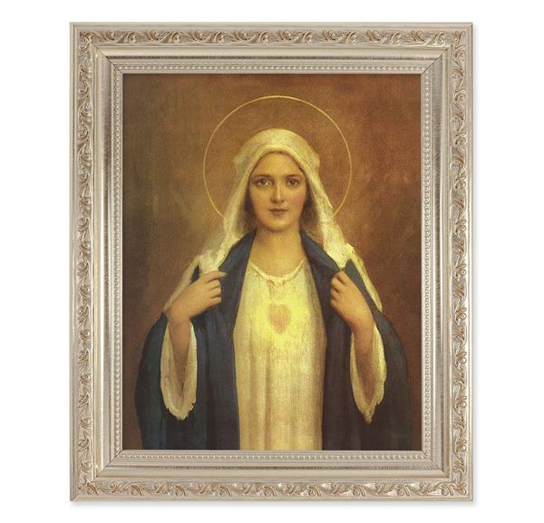 Chambers: Immaculate Heart of Mary, 10"x12" Antique Silver & Carved Scrollwork Frame, Italian Print Under Glass # 26796