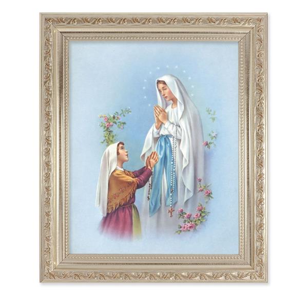 Our Lady of Lourdes, 10"x12" Antique Silver & Carved Scrollwork Frame, Italian Print Under Glass # 26797
