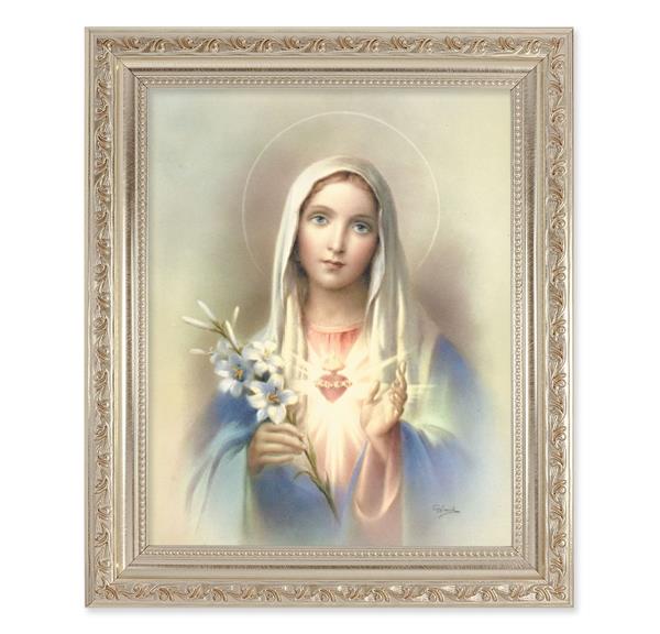 Immaculate Heart of Mary, 10"x12" Antique Silver & Carved Scrollwork Frame, Italian Print Under Glass # 26798