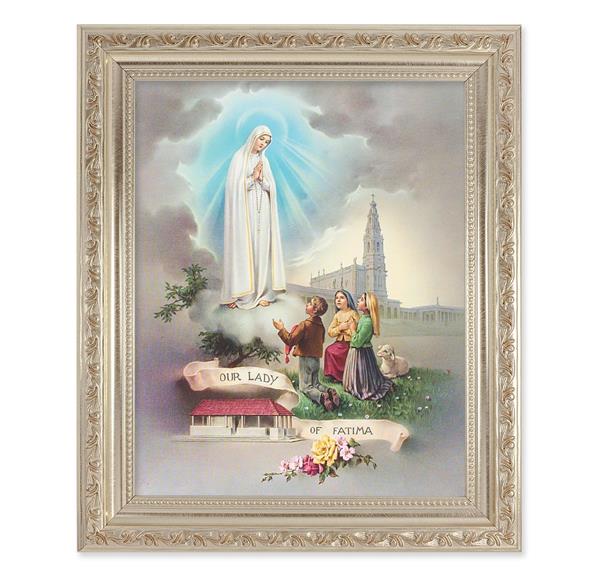 Our Lady of Fatima, 10"x12" Antique Silver & Carved Scrollwork Frame, Italian Print Under Glass # 26799
