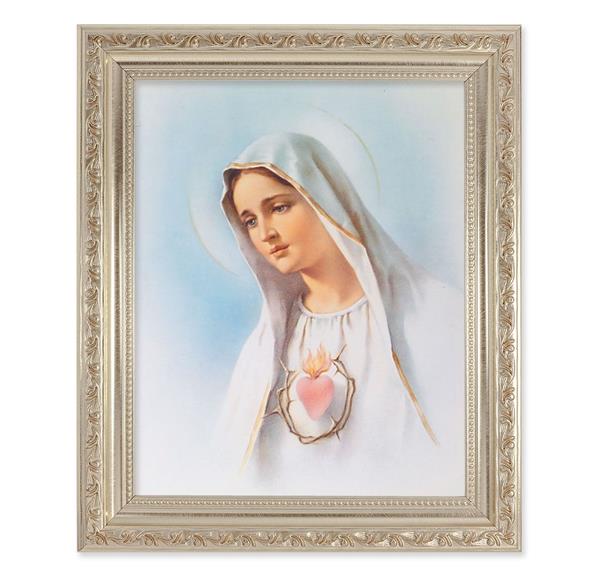 Immaculate Heart of Mary, 10"x12" Antique Silver & Carved Scrollwork Frame, Italian Print Under Glass # 26800