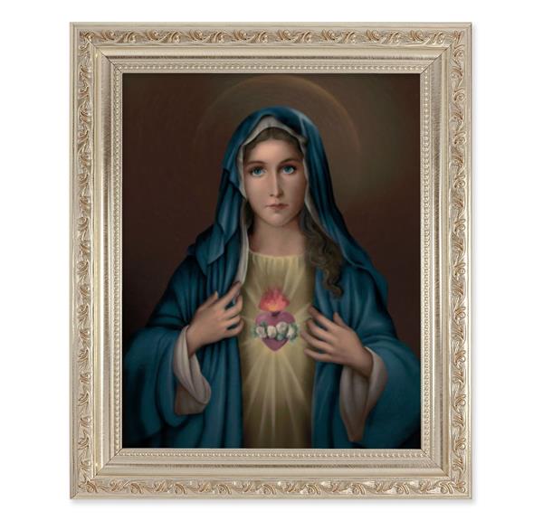 Immaculate Heart of Mary, 10"x12" Antique Silver & Carved Scrollwork Frame, Italian Print Under Glass # 26801