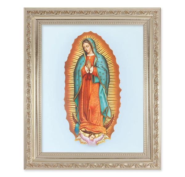 Our Lady of Guadalupe, 10"x12" Antique Silver & Carved Scrollwork Frame, Italian Print Under Glass # 26802