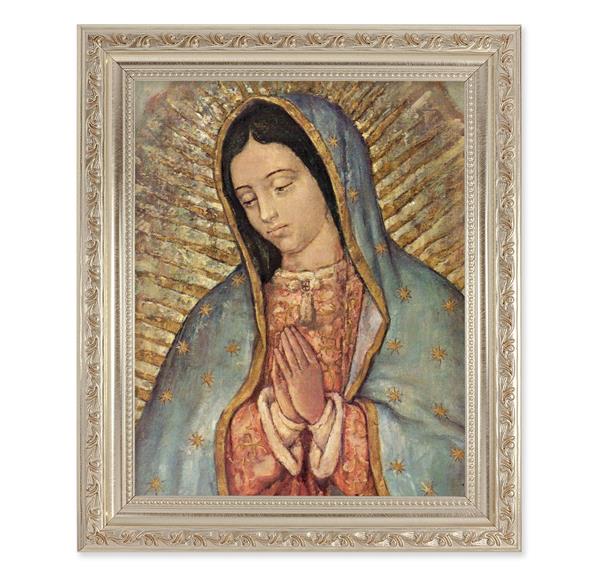 Our Lady of Guadalupe, 10"x12" Antique Silver & Carved Scrollwork Frame, Italian Print Under Glass # 26803