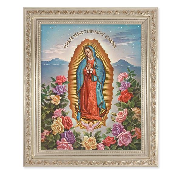 Our Lady of Guadalupe, 10"x12" Antique Silver & Carved Scrollwork Frame, Italian Print Under Glass # 26804