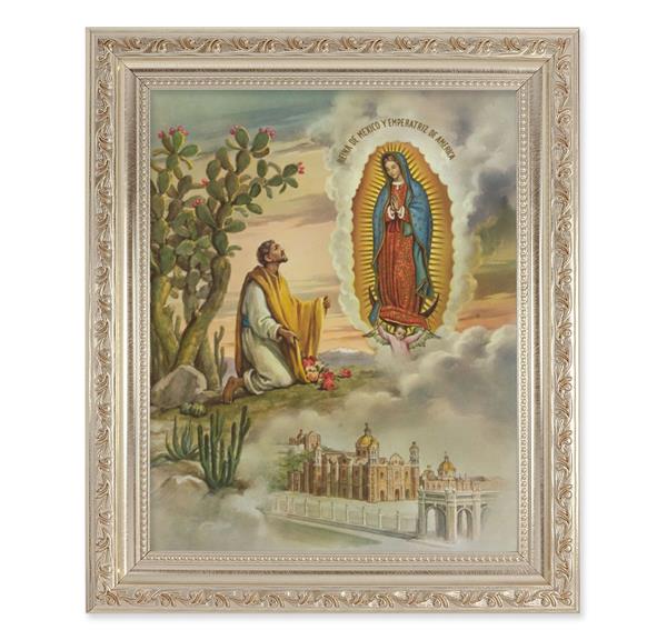 Juan Diego with OL Guadalupe, 10"x12" Antique Silver & Carved Scrollwork Frame, Italian Print Under Glass # 26805