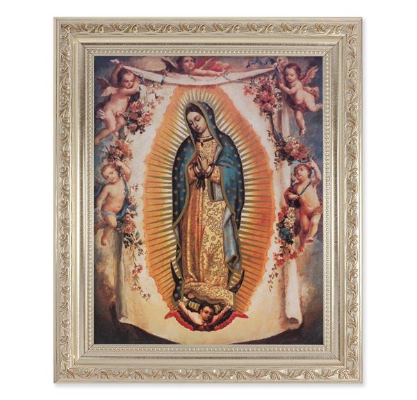 Our Lady of Guadalupe with Angels, 10"x12" Antique Silver & Carved Scrollwork Frame, Italian Print Under Glass # 26806