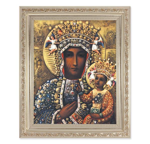 Our Lady of Czestochowa, 10"x12" Antique Silver & Carved Scrollwork Frame, Italian Print Under Glass # 26807