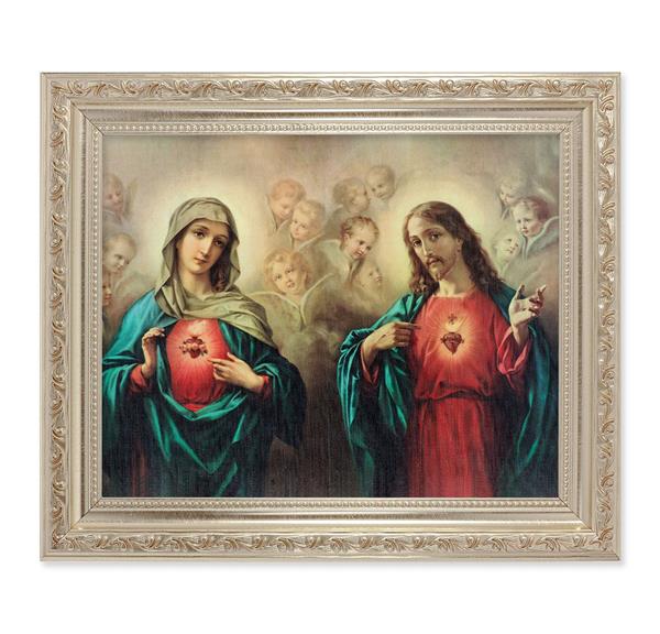 The Sacred Hearts, 10"x12" Antique Silver & Carved Scrollwork Frame, Italian Print Under Glass # 26810
