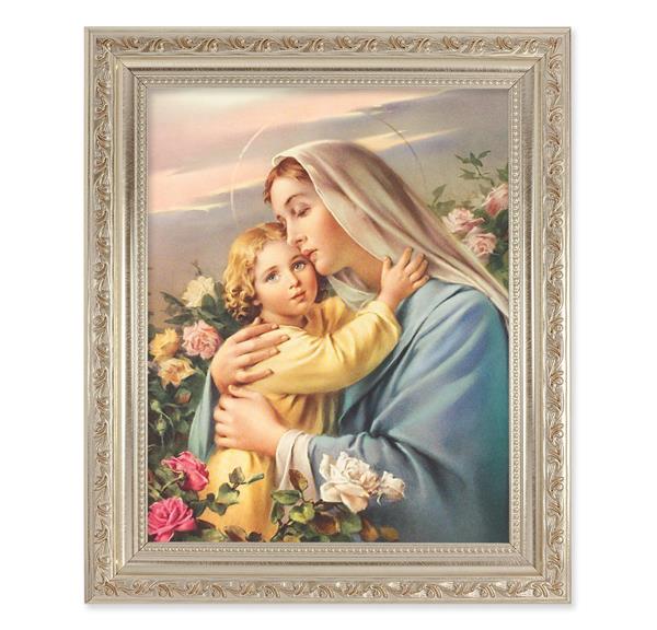 Madonna and Child, 10"x12" Antique Silver & Carved Scrollwork Frame, Italian Print Under Glass # 26811