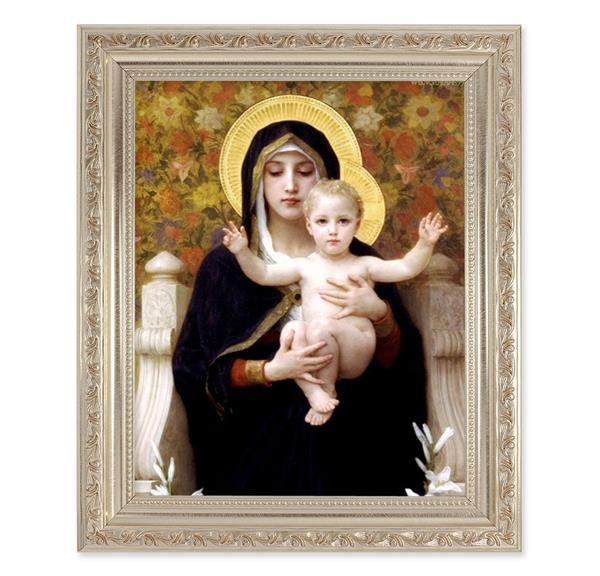 Bouguereau: Madonna of The Lilies, 10"x12" Antique Silver & Carved Scrollwork Frame, Italian Print Under Glass # 26812